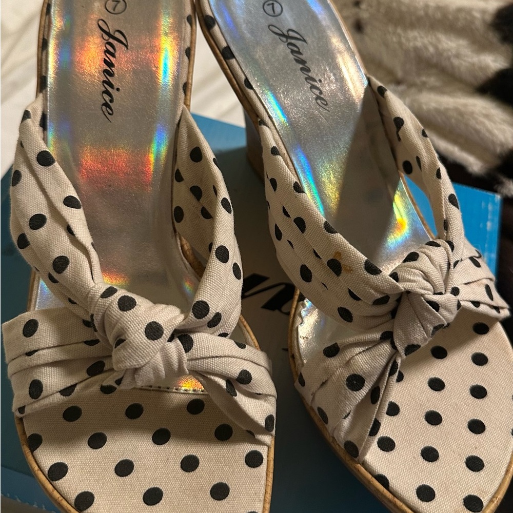 NIB Vintage Janice Polka Dot Knotted Wedge Sandals Cork Platform Heels Size 7